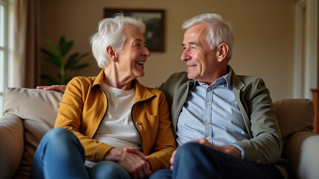Couple having conversation in living room, warm atmosphere, sitting together comfortably, engaged discussion, home setting