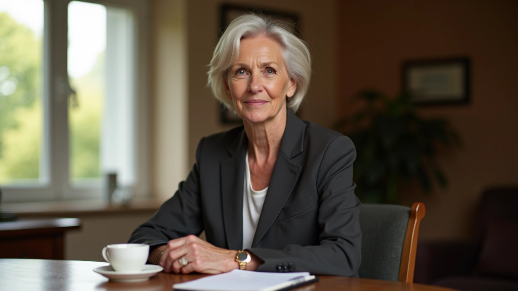 Woman reflecting on retirement transition at home office desk with notebook