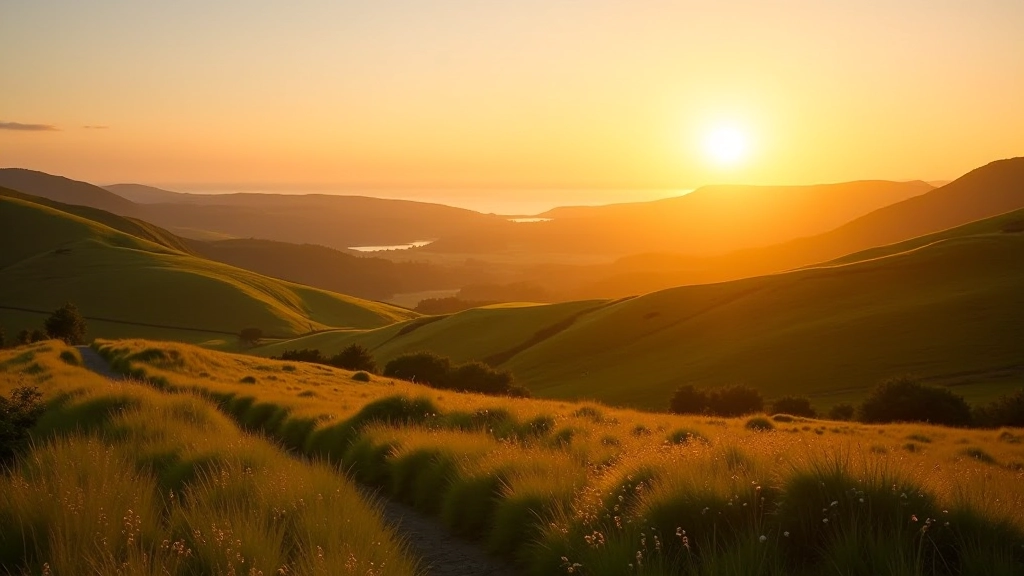 Serene Irish landscape at golden hour with rolling hills, peaceful countryside setting, warm natural lighting, wide angle perspective