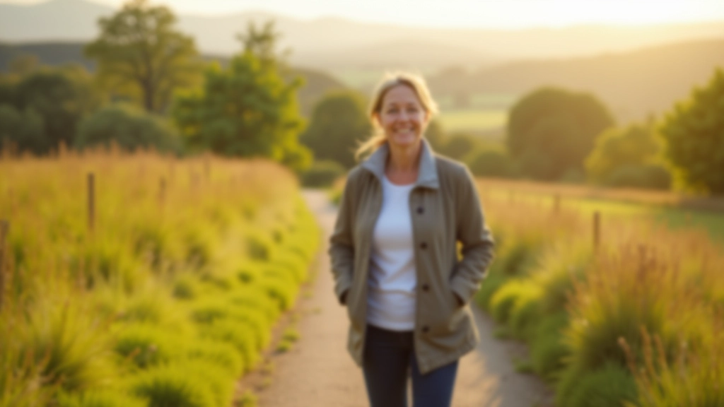 Woman walking outdoors in natural setting, morning light, peaceful countryside, active movement, healthy lifestyle