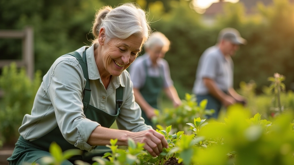 Woman volunteering in community garden, planting with others, sense of purpose and contribution, outdoor setting, natural light